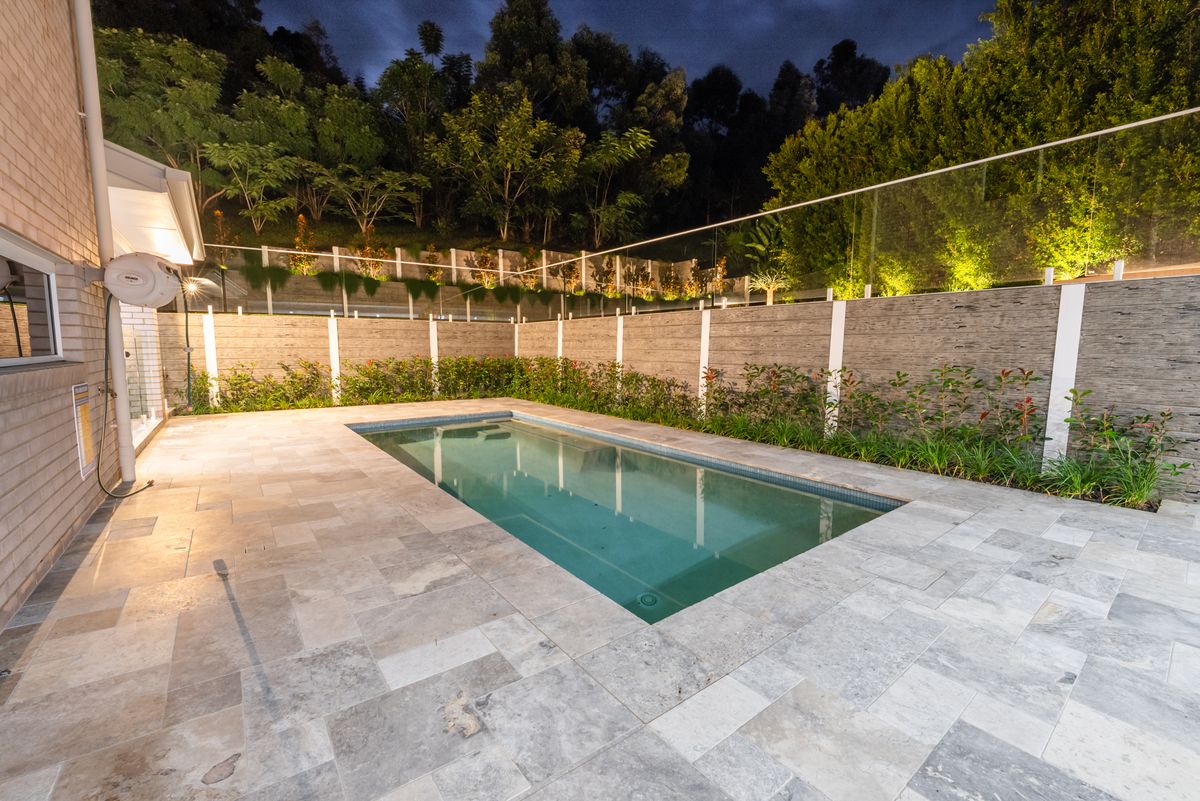 Finished pool area at dusk